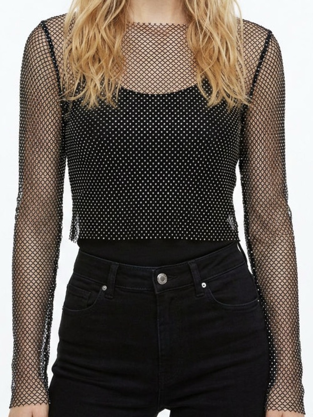 stradivarius Black Long-Sleeve Mesh Tank Top